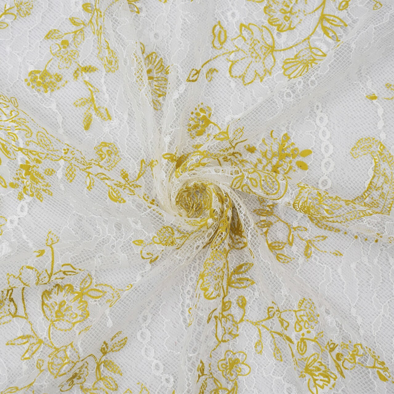 White-Yellow Nylon Floral Paisley Printed Lace Mesh Knit Fabric By the Yard